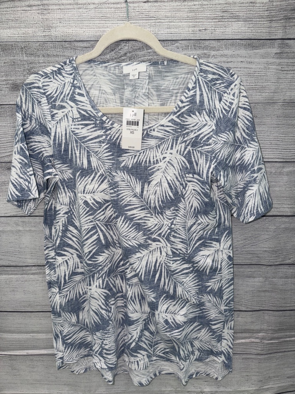 J Jill Blue and White Palm-Print Scoop Neck Tee
